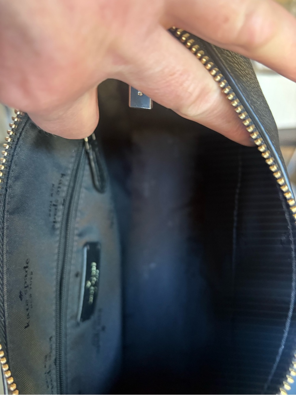 kate spade Black Pebbled Leather Crossbody with Striped Canvas Strap - Picture 7 of 8